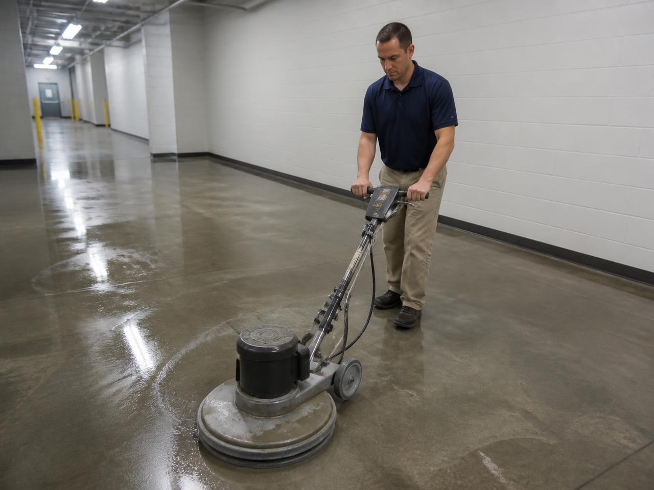 Polished commercial hard floor being maintained
