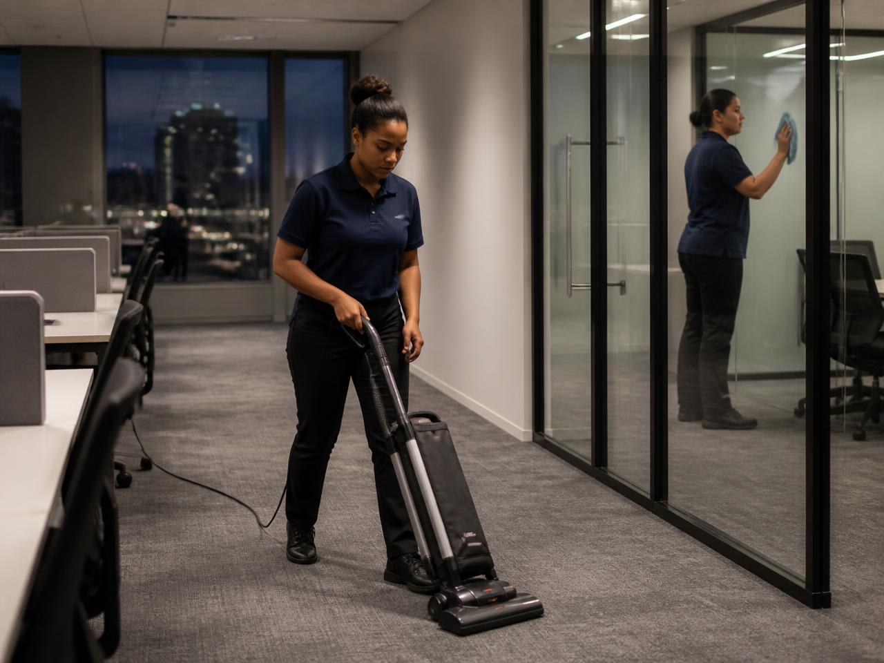 Professional cleaning a modern office interior
