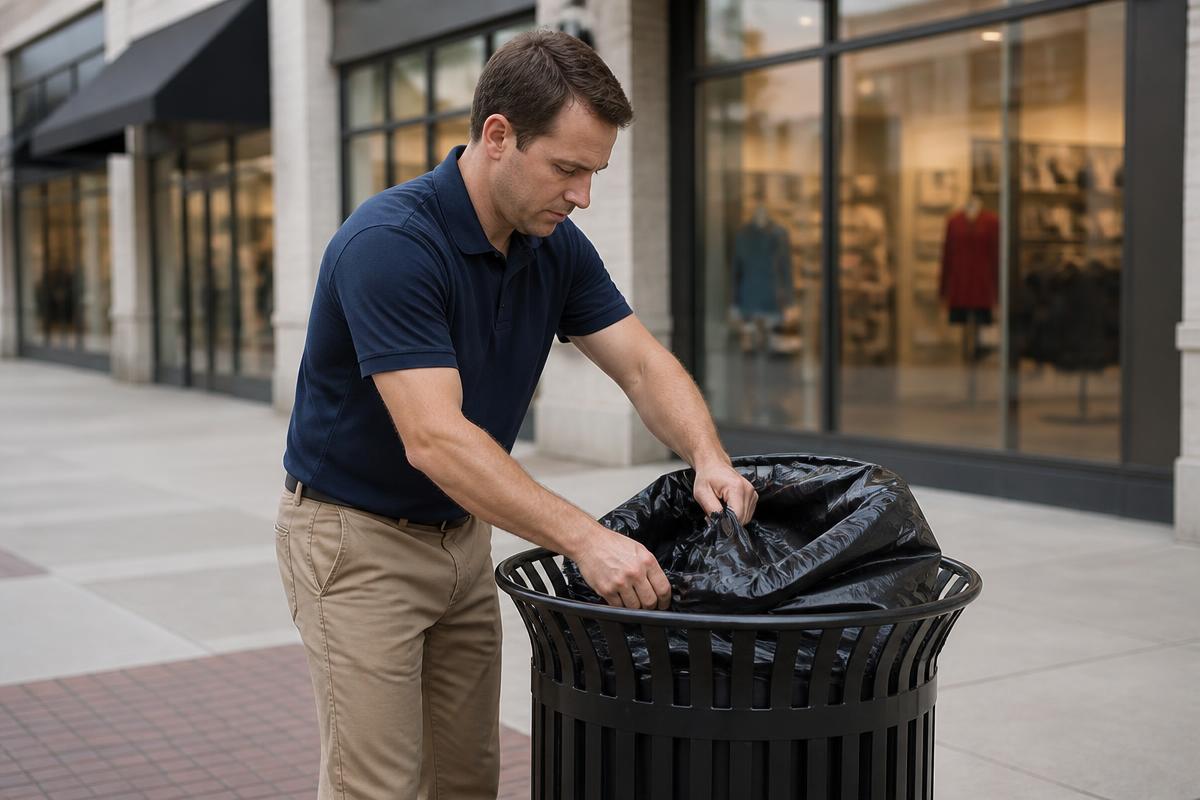 Outside porter changing a trash liner in front of a retail center