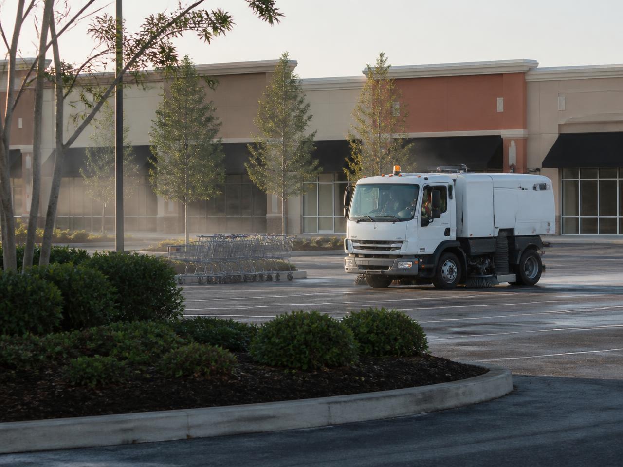 Parking lot sweeping at a retail shopping center