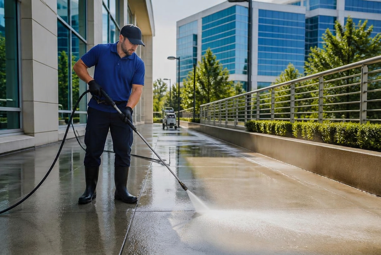 Pressure washing a commercial building walkway